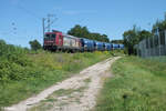 486 046-0  Jimm Knopf  zieht mit einem Düngemittel/Getreidezug durch die Treuchtlinger Kurve in Nürnberg Hohe Marter. 11.08.24